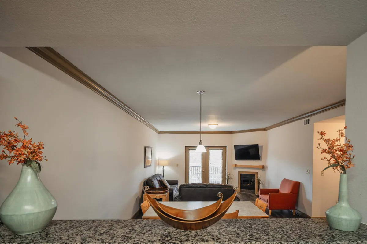 A cozy living room setup featuring a granite countertop with vases of flowers in the foreground, a comfortable sofa set, a fireplace, and a large television. The arrangement invites relaxation and social gatherings, with soft lighting and homely accents creating a welcoming atmosphere.